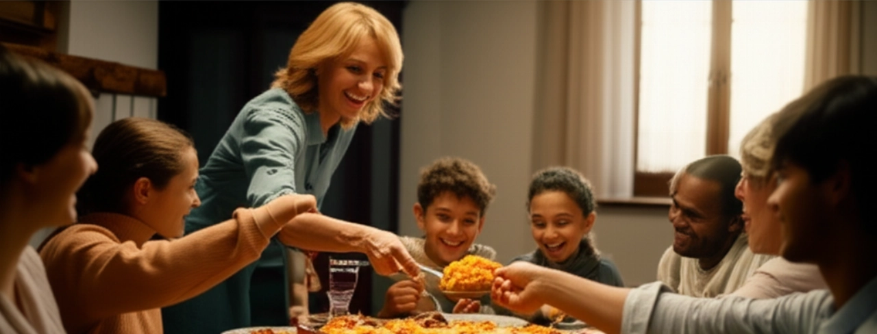 Scena iperrealistica di una famiglia caucasica che condivide un pasto di Ziti Alla Genovese in una calda sala da pranzo italiana, con un'atmosfera gioiosa e conviviale.