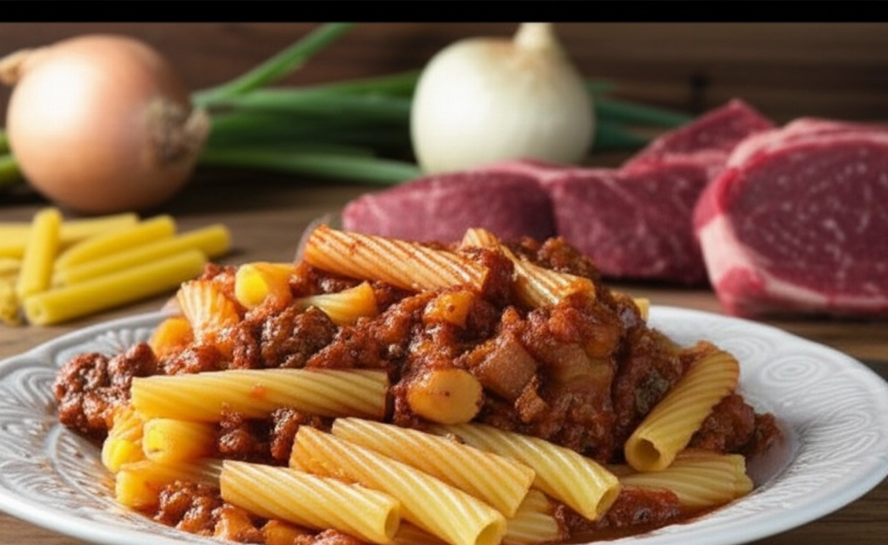 Natura morta iperrealistica e cinematografica di una ciotola di Ziti Alla Genovese su un tavolo di legno rustico, con ingredienti freschi sfocati sullo sfondo.