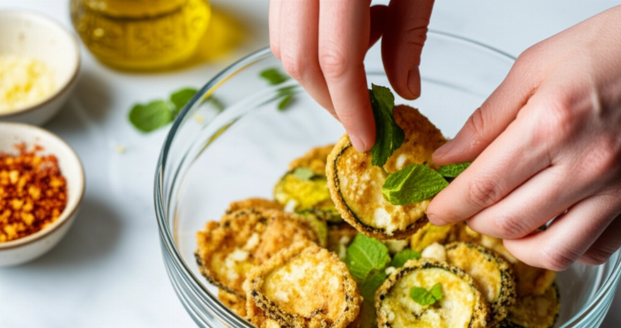 Primo piano iperrealistico di mani caucasiche che preparano zucchine alla scapece, con zucchine dorate, menta e aglio su un bancone da cucina.
