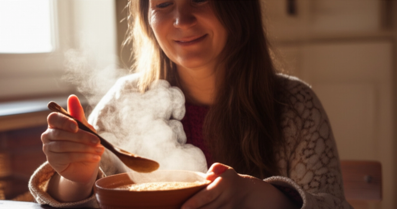 Une femme caucasienne souriante déguste un bol de soupe d'épeautre dans une cuisine chaleureuse et ensoleillée.