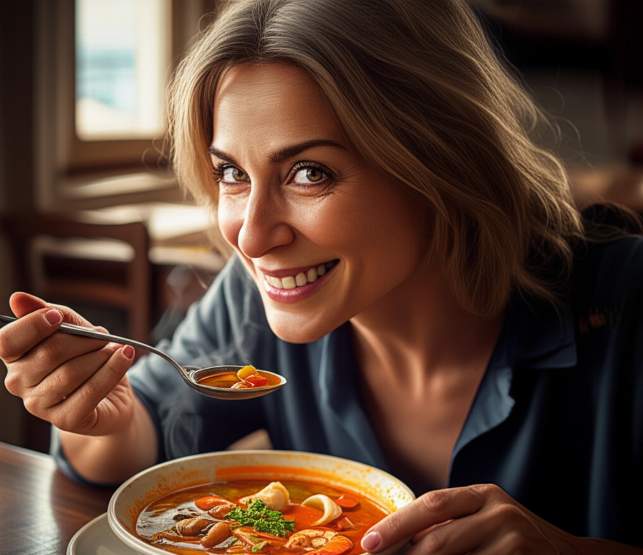 Ritratto iperrealistico di una donna caucasica sorridente che gusta una zuppa di pesce in un accogliente ristorante di mare, con vapore che sale dalla ciotola e luce naturale soffusa.