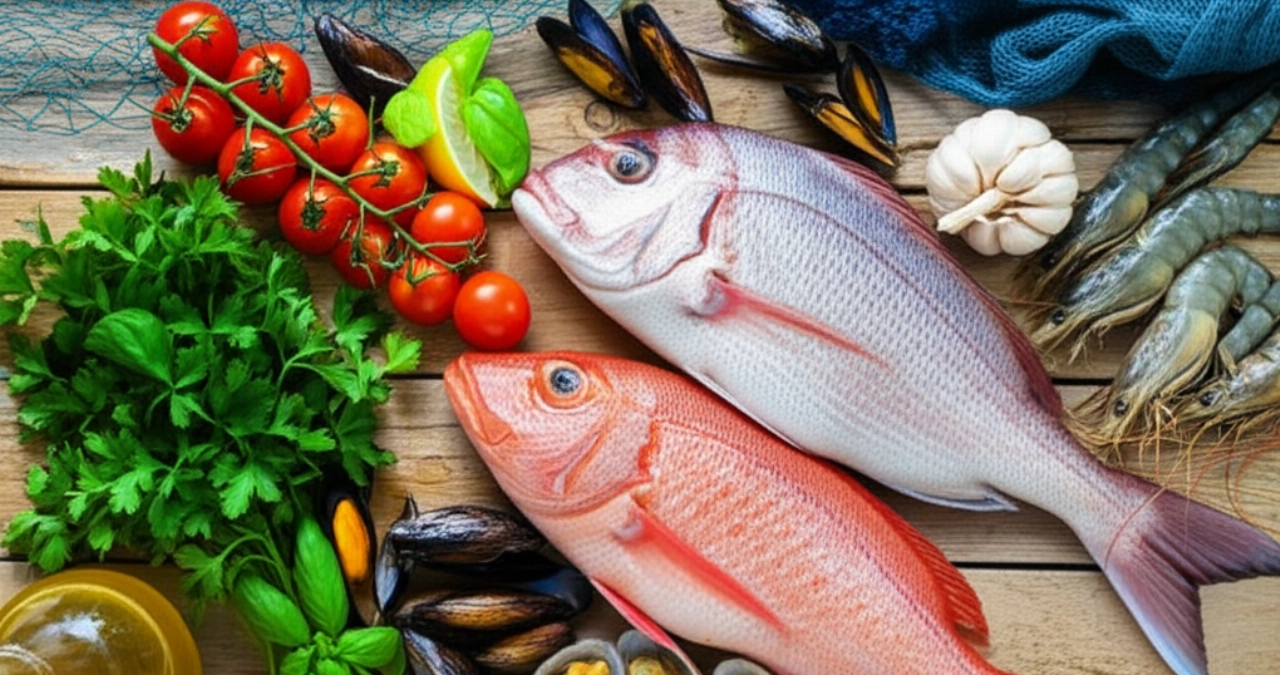 Vista dall'alto iperrealistica di ingredienti freschi e crudi per la zuppa di pesce, tra cui pesce intero, cozze, gamberi e verdure, disposti artisticamente su un tavolo di legno.