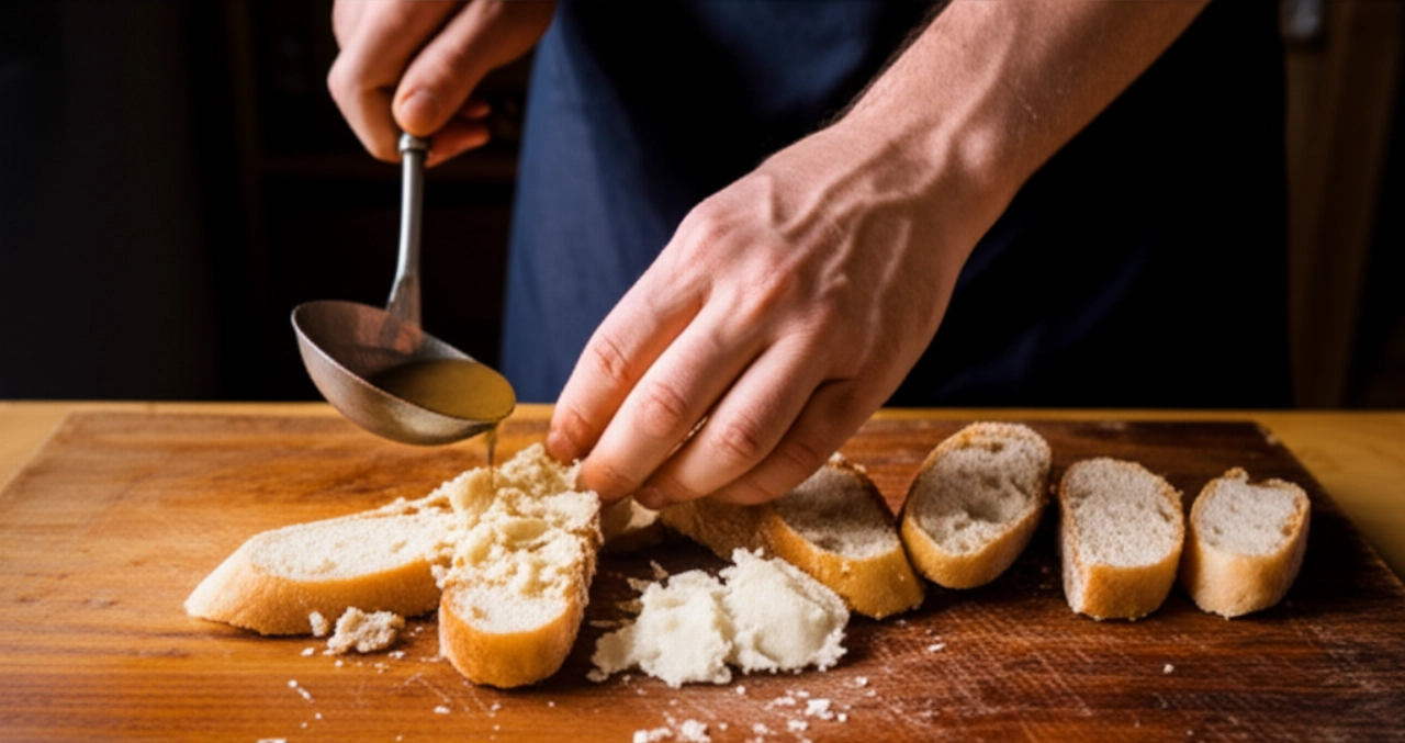 Dettaglio iperrealistico di mani caucasiche che preparano la Zuppa Gallurese, mostrando gli ingredienti e il processo di stratificazione.