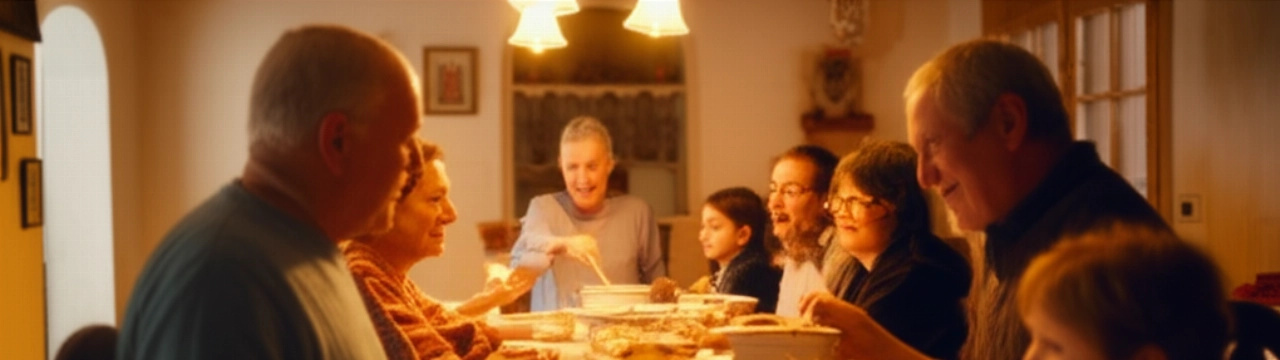 Scena iperrealistica di un gruppo di persone caucasiche che gustano la Zuppa Gallurese a tavola in un'accogliente sala da pranzo sarda tradizionale.